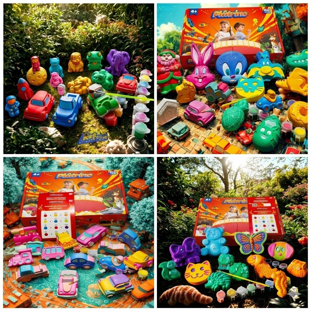 Figurines Plâtrino peintes par des enfants — animaux, voitures et personnages colorés en pièces décoratives