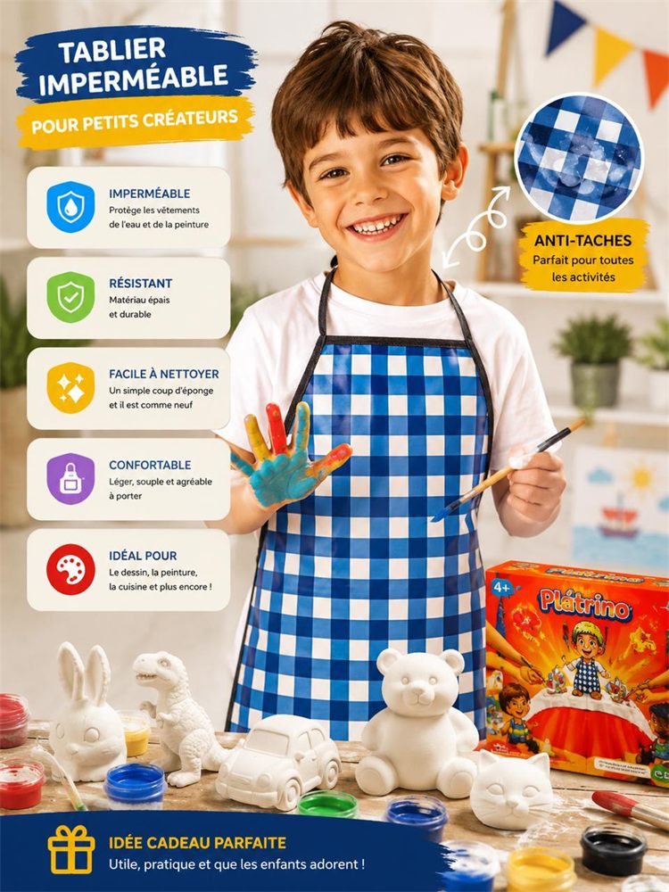 Tablier imperméable bleu Plâtrino — anti-taches pour petits créateurs